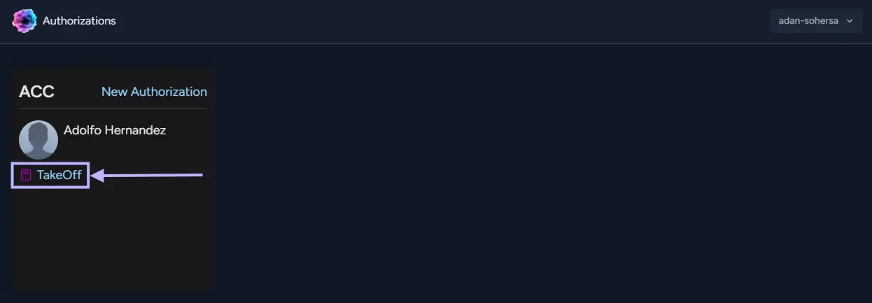 Button to navigate to the TakeOff application with the selected authorization Button to navigate to the TakeOff application with the selected authorization